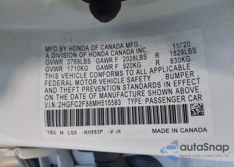 2021 Honda Civic Sport z USA, uszkodzony, nr VIN 2HGFC2F88MH515583